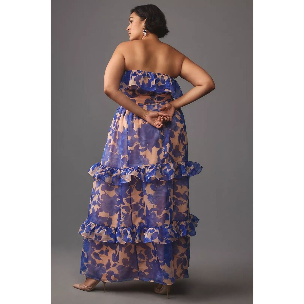 Anthropologie Strapless Tiered Maxi Dress Blue Floral 3X NO BELT, NEW - Picture 3 of 3